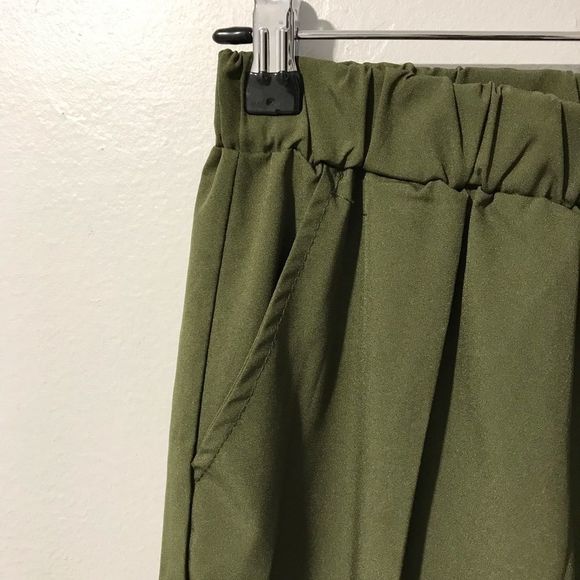 Army Green Buckle Elastic High Waist Trousers - Picture 4 of 5